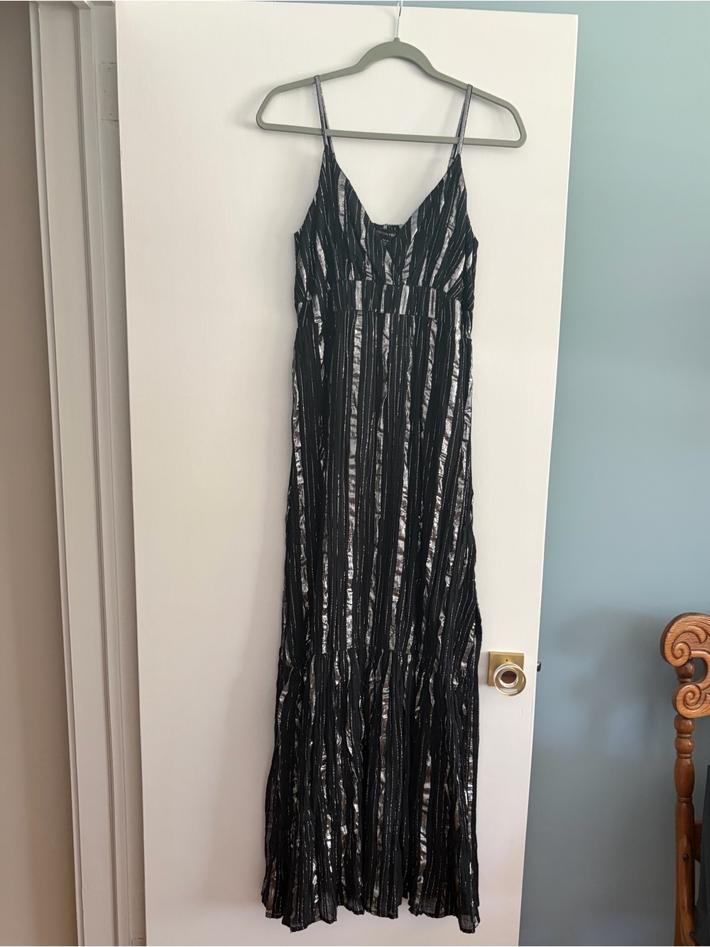 NWOT, Boston Proper, Size XS, Black and Silver Metallic Striped Maxi Dress